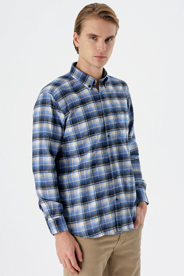 Bordo Uzun Kollu Ekoseli Bez Ayağı Düğmeli Yaka Cepli Pamuklu Comfort Fit Gömlek 1004235173