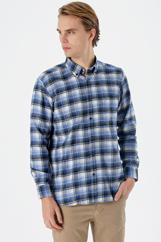 Bordo Uzun Kollu Ekoseli Bez Ayağı Düğmeli Yaka Cepli Pamuklu Comfort Fit Gömlek 1004235173