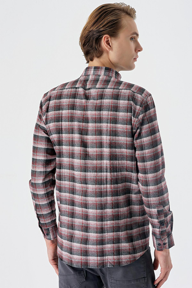 Bordo Uzun Kollu Ekoseli Bez Ayağı Düğmeli Yaka Cepli Pamuklu Comfort Fit Gömlek 1004235173