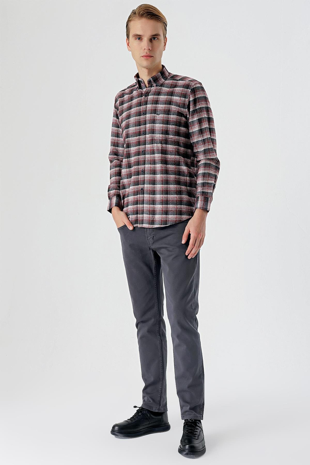 Bordo Uzun Kollu Ekoseli Bez Ayağı Düğmeli Yaka Cepli Pamuklu Comfort Fit Gömlek 1004235173