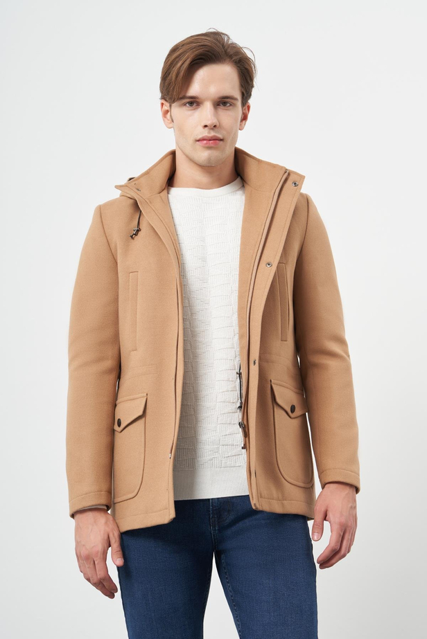 Camel Kaşe Dik Yaka Astarlı Slim Fit Dar Kesim Klasik Kaban 1008245272