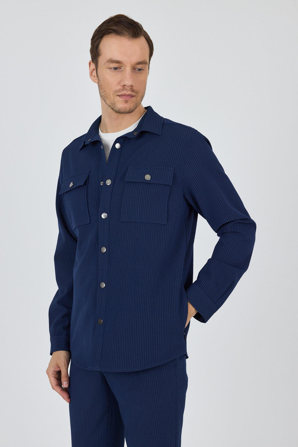 Çizgili Desen Gofreli Ayaklı Gömlek Yaka Astarsız Esnek Comfort Fit Mont 1007250117