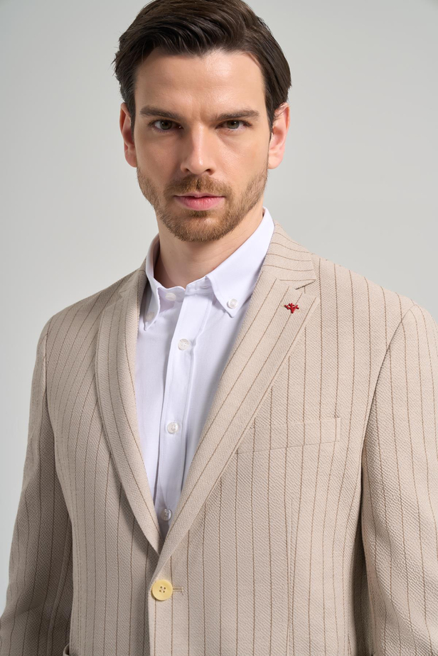 Çizgili Desen Gofreli Mono Yaka Malzemesiz Esnek 6 Drop Slim Fit Ceket 1002250122