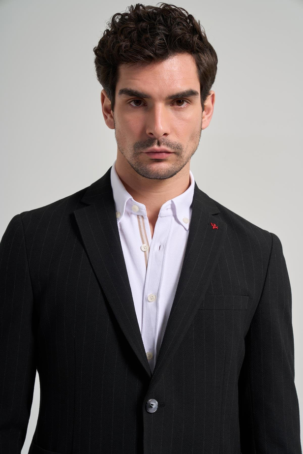 Çizgili Desen Gofreli Mono Yaka Malzemesiz Esnek 6 Drop Slim Fit Ceket 1002250122