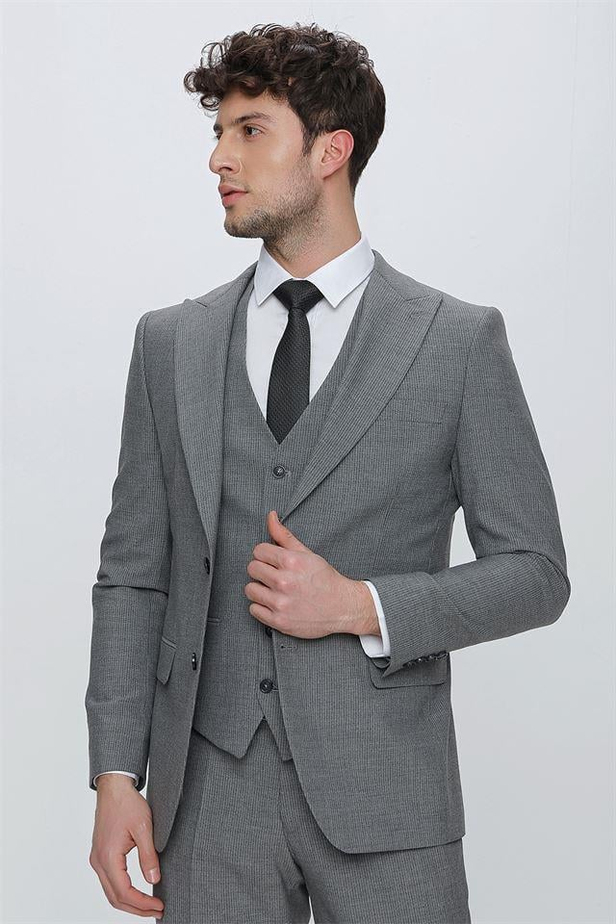 Çizgili Kırlangıç Yaka Astarlı Yelekli 6 Drop Slim Fit Dar Kesim Klasik Takım 1001230160-48