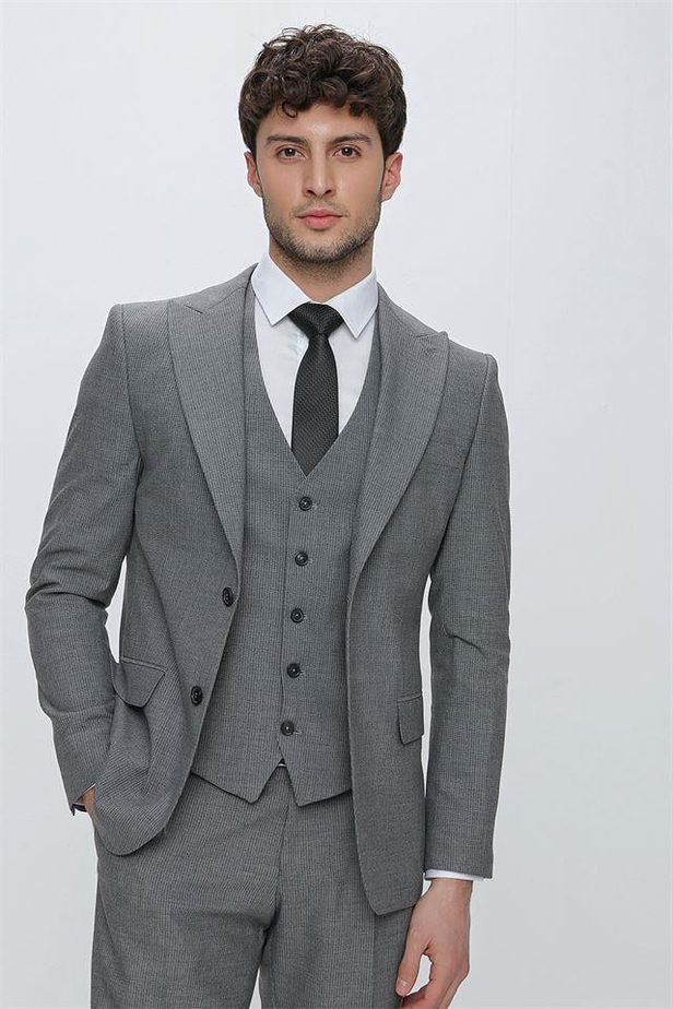 Çizgili Kırlangıç Yaka Astarlı Yelekli 6 Drop Slim Fit Dar Kesim Klasik Takım 1001230160-48