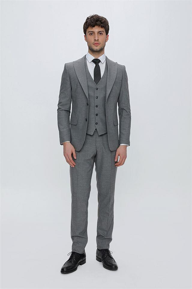 Çizgili Kırlangıç Yaka Astarlı Yelekli 6 Drop Slim Fit Dar Kesim Klasik Takım 1001230160-48