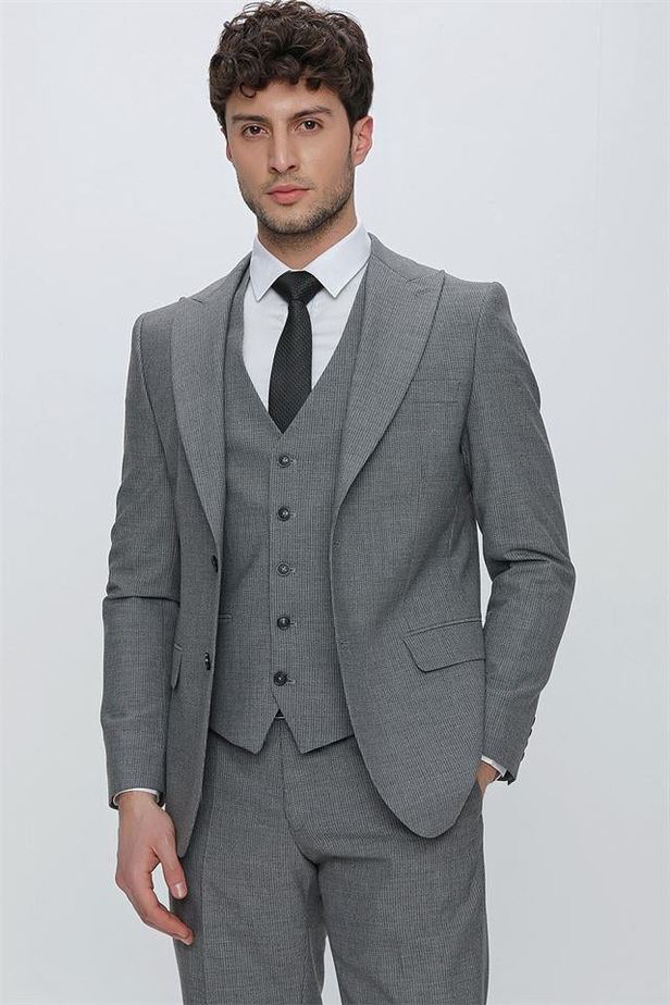 Çizgili Kırlangıç Yaka Astarlı Yelekli 6 Drop Slim Fit Dar Kesim Klasik Takım 1001230160-48