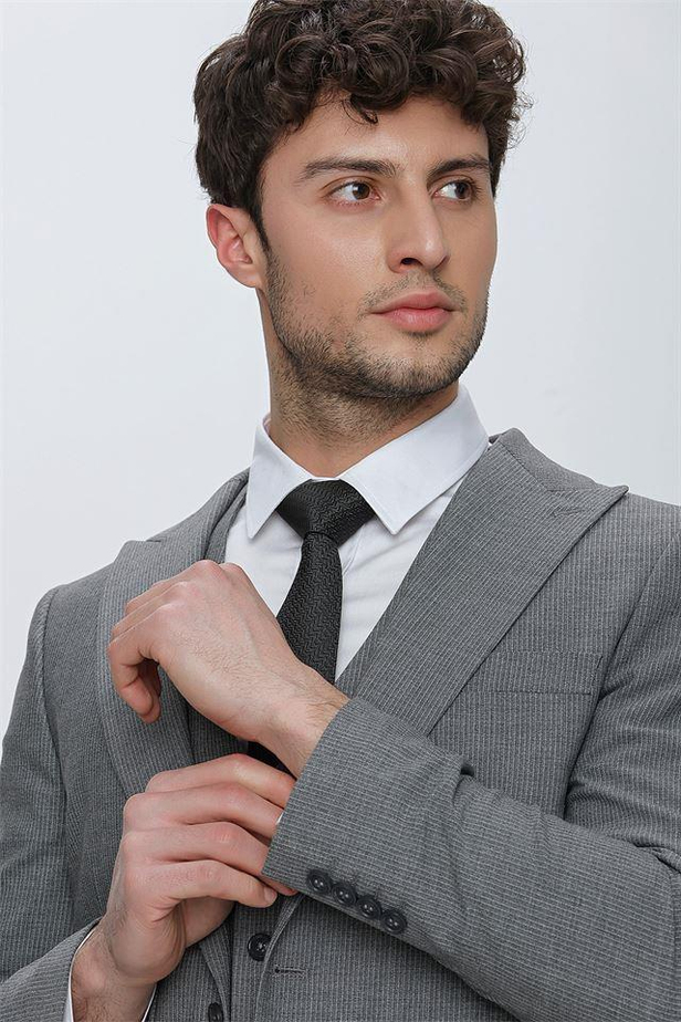 Çizgili Kırlangıç Yaka Astarlı Yelekli 6 Drop Slim Fit Dar Kesim Klasik Takım 1001230160-48