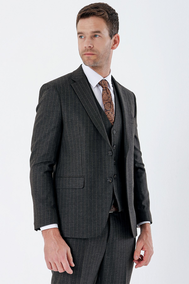 Çizgili Mono Yaka Yelekli 6 Drop Slim Fit Dar Kesim Klasik Takım Elbise 1001235160 Siyah