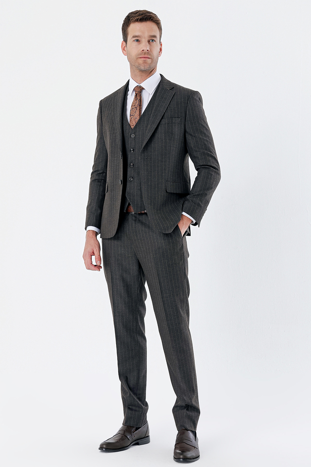 Çizgili Mono Yaka Yelekli 6 Drop Slim Fit Dar Kesim Klasik Takım Elbise 1001235160 Siyah