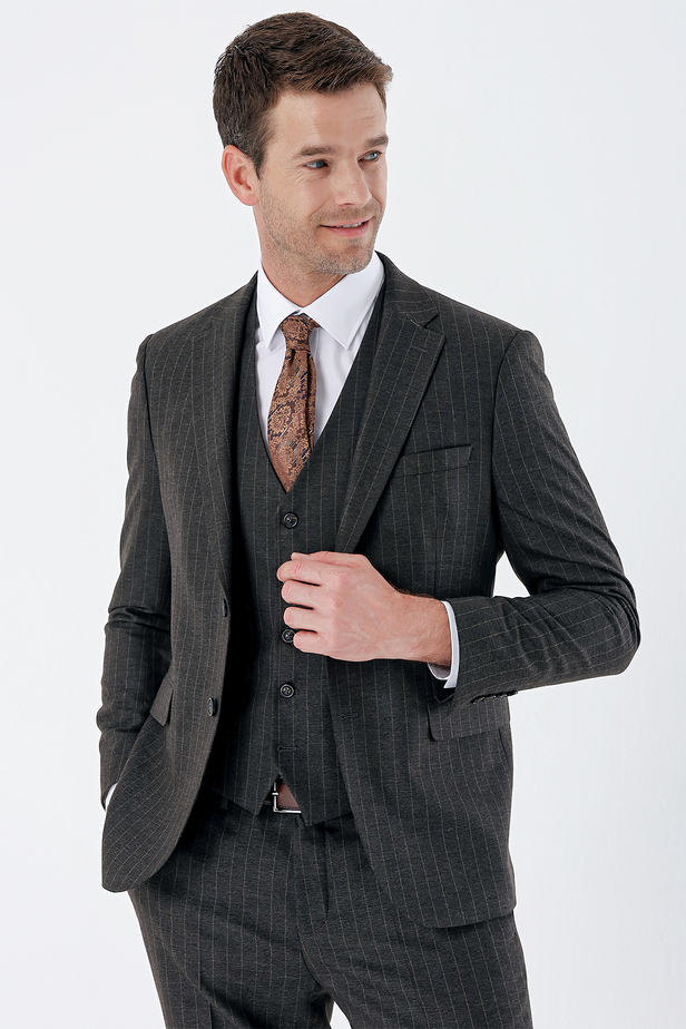 Çizgili Mono Yaka Yelekli 6 Drop Slim Fit Dar Kesim Klasik Takım Elbise 1001235160 Siyah