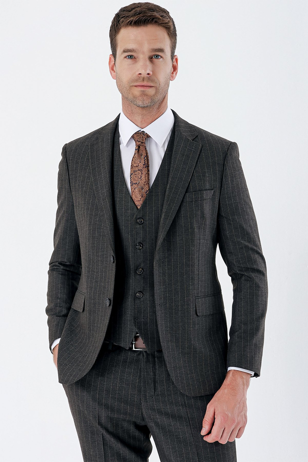 Çizgili Mono Yaka Yelekli 6 Drop Slim Fit Dar Kesim Klasik Takım Elbise 1001235160 Siyah