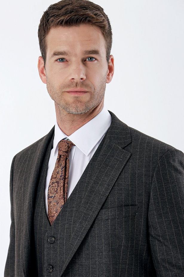 Çizgili Mono Yaka Yelekli 6 Drop Slim Fit Dar Kesim Klasik Takım Elbise 1001235160 Siyah