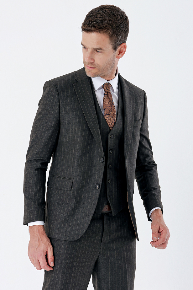 Çizgili Mono Yaka Yelekli 6 Drop Slim Fit Dar Kesim Klasik Takım Elbise 1001235160 Siyah