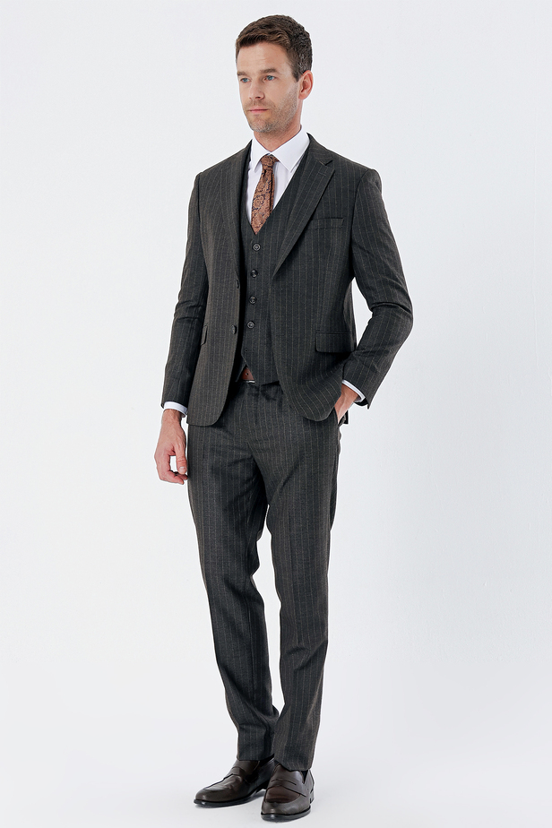 Çizgili Mono Yaka Yelekli 6 Drop Slim Fit Dar Kesim Klasik Takım Elbise 1001235160 Siyah