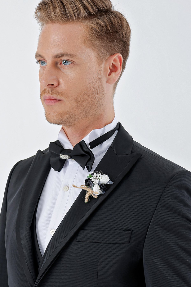 Desenli Armürlü Çıkarılabilir Kırlangıç Yaka 6 Drop Slim Fit Smokin Damatlık Takım 1001230213 Siyah