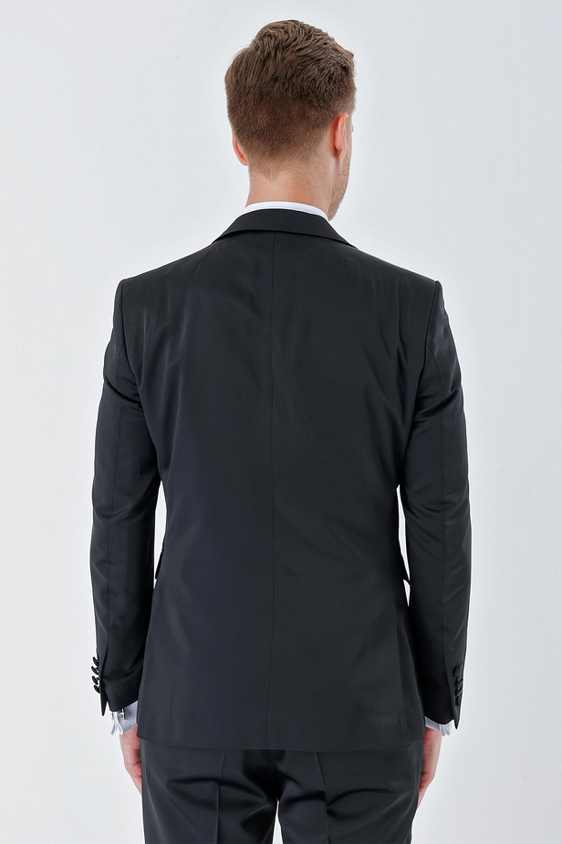 Desenli Armürlü Çıkarılabilir Kırlangıç Yaka 6 Drop Slim Fit Smokin Damatlık Takım 1001230213 Siyah