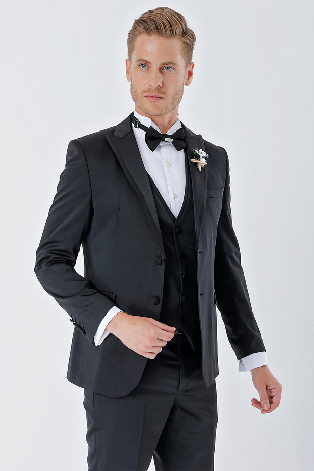 Desenli Armürlü Çıkarılabilir Kırlangıç Yaka 6 Drop Slim Fit Smokin Damatlık Takım 1001230213 Siyah