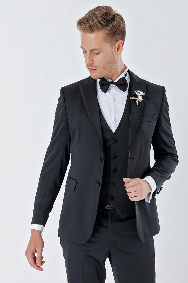 Desenli Armürlü Çıkarılabilir Kırlangıç Yaka 6 Drop Slim Fit Smokin Damatlık Takım 1001230213 Siyah