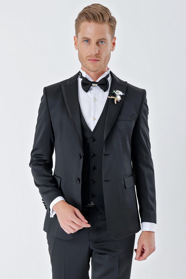 Desenli Armürlü Çıkarılabilir Kırlangıç Yaka 6 Drop Slim Fit Smokin Damatlık Takım 1001230213 Siyah