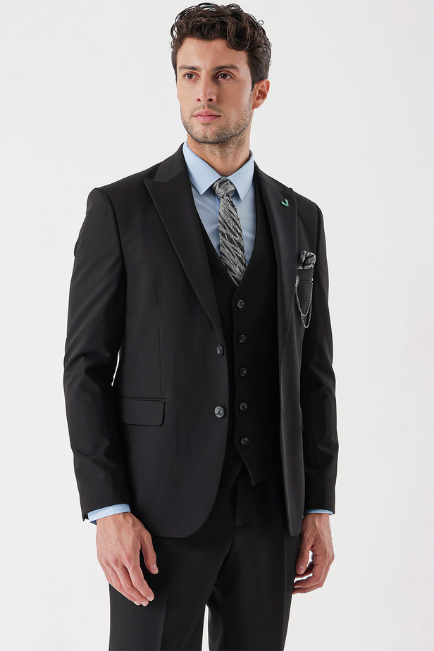 Desenli Armürlü Kırlangıç Yaka Yelekli Likralı 6 Drop Slim Fit Takım Elbise 1001235154 Siyah