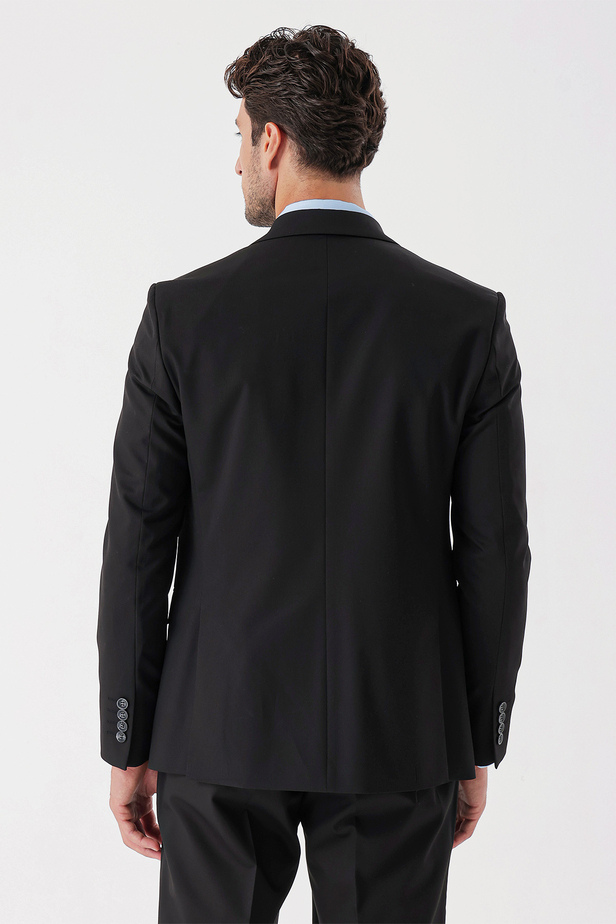 Desenli Armürlü Kırlangıç Yaka Yelekli Likralı 6 Drop Slim Fit Takım Elbise 1001235154 Siyah