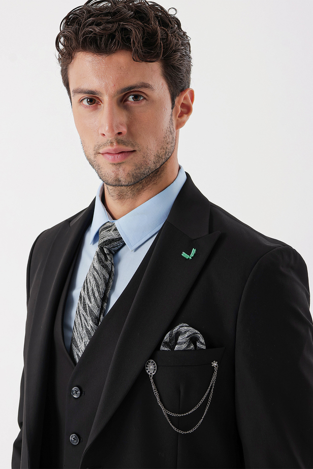 Desenli Armürlü Kırlangıç Yaka Yelekli Likralı 6 Drop Slim Fit Takım Elbise 1001235154 Siyah