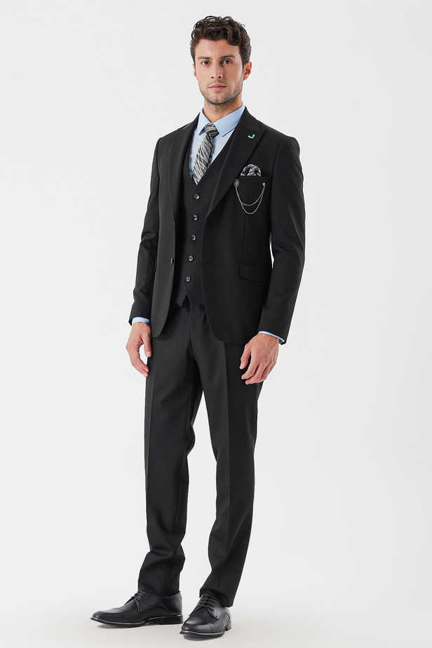 Desenli Armürlü Kırlangıç Yaka Yelekli Likralı 6 Drop Slim Fit Takım Elbise 1001235154 Siyah