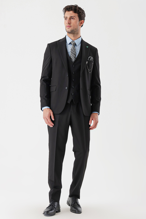 Desenli Armürlü Kırlangıç Yaka Yelekli Likralı 6 Drop Slim Fit Takım Elbise 1001235154 Siyah