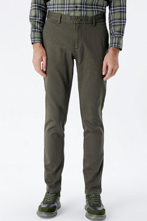 Desenli Armürlü Pamuklu Yan Cepli Slim Fit Dar Kesim Casual Pantolon 1003235120 Koyu Haki