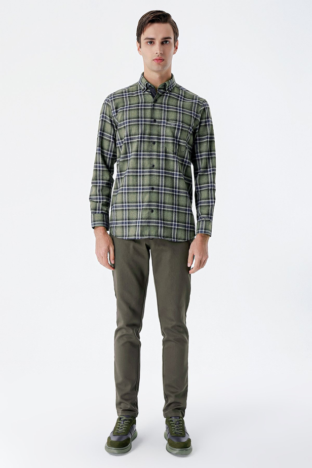 Desenli Armürlü Pamuklu Yan Cepli Slim Fit Dar Kesim Casual Pantolon 1003235120 Koyu Haki