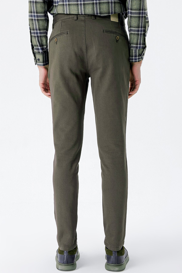 Desenli Armürlü Pamuklu Yan Cepli Slim Fit Dar Kesim Casual Pantolon 1003235120 Koyu Haki