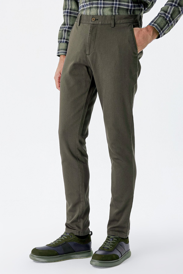 Desenli Armürlü Pamuklu Yan Cepli Slim Fit Dar Kesim Casual Pantolon 1003235120 Koyu Haki