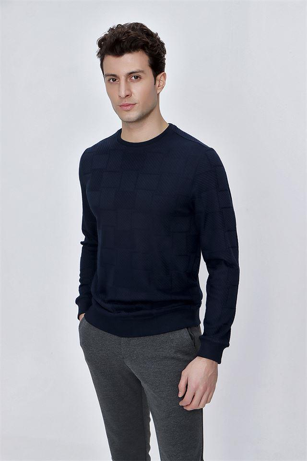 Desenli Jakarlı Bisiklet Yaka Cepsiz Casual Slim Fit Dar Kesim Likralı Sweatshirt 1013225104-S