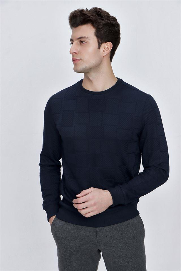 Desenli Jakarlı Bisiklet Yaka Cepsiz Casual Slim Fit Dar Kesim Likralı Sweatshirt 1013225104-S