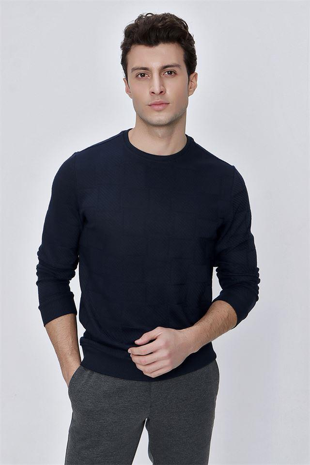 Desenli Jakarlı Bisiklet Yaka Cepsiz Casual Slim Fit Dar Kesim Likralı Sweatshirt 1013225104-S