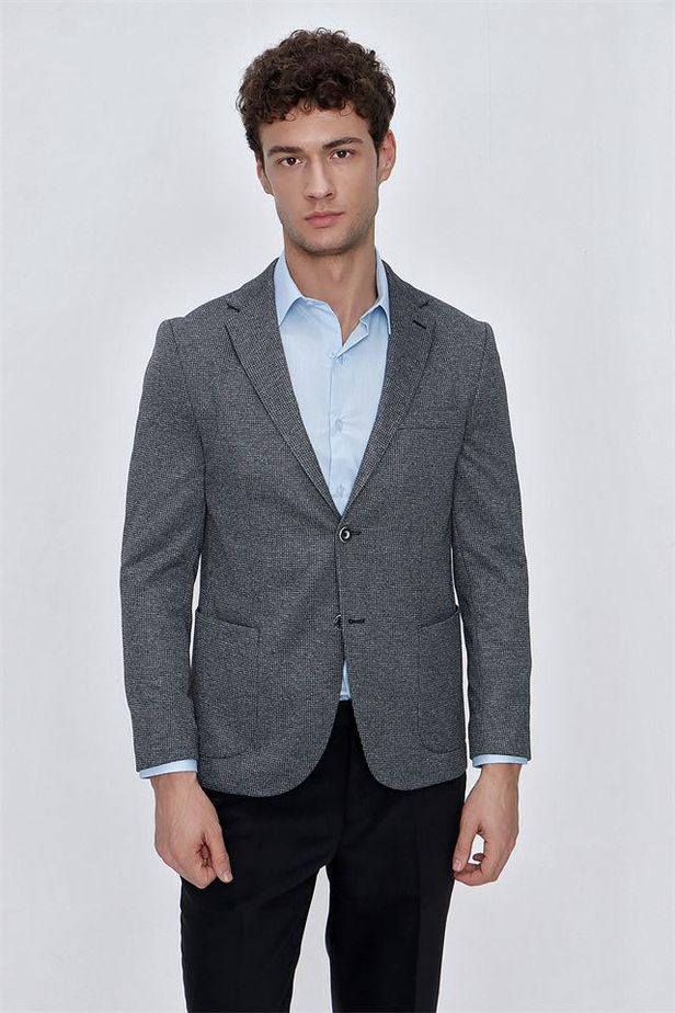 Desenli Örme Mono Yaka Astarsız 6 Drop Slim Fit Dar Kesim Ceket 1002225162-48