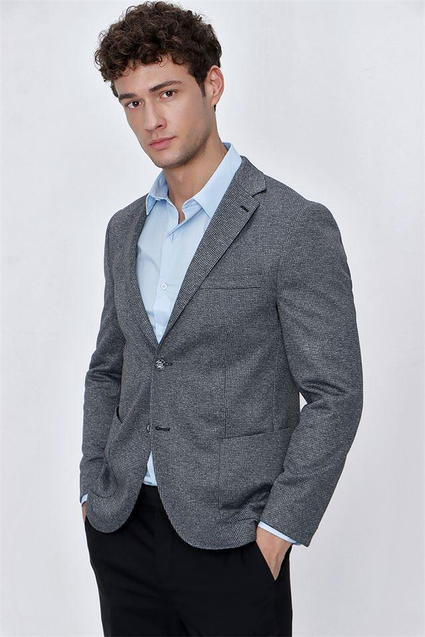 Desenli Örme Mono Yaka Astarsız 6 Drop Slim Fit Dar Kesim Ceket 1002225162-48