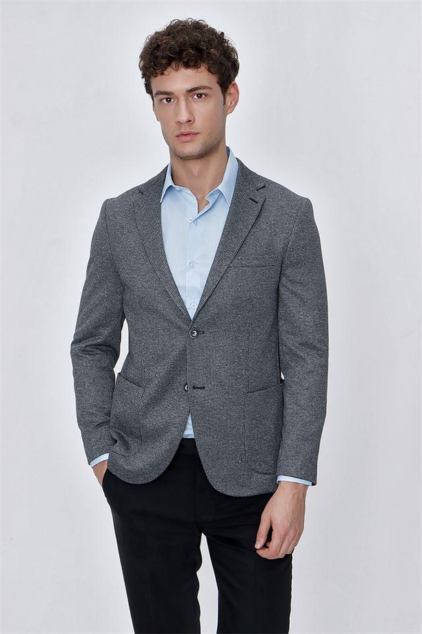 Desenli Örme Mono Yaka Astarsız 6 Drop Slim Fit Dar Kesim Ceket 1002225162-48