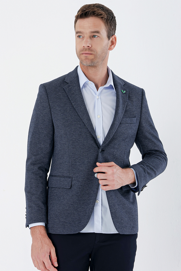 Desenli Örme Mono Yaka Çift Yırtmaç Likralı 6 Drop Slim Fit Klasik Ceket 1002235136 Lacivert