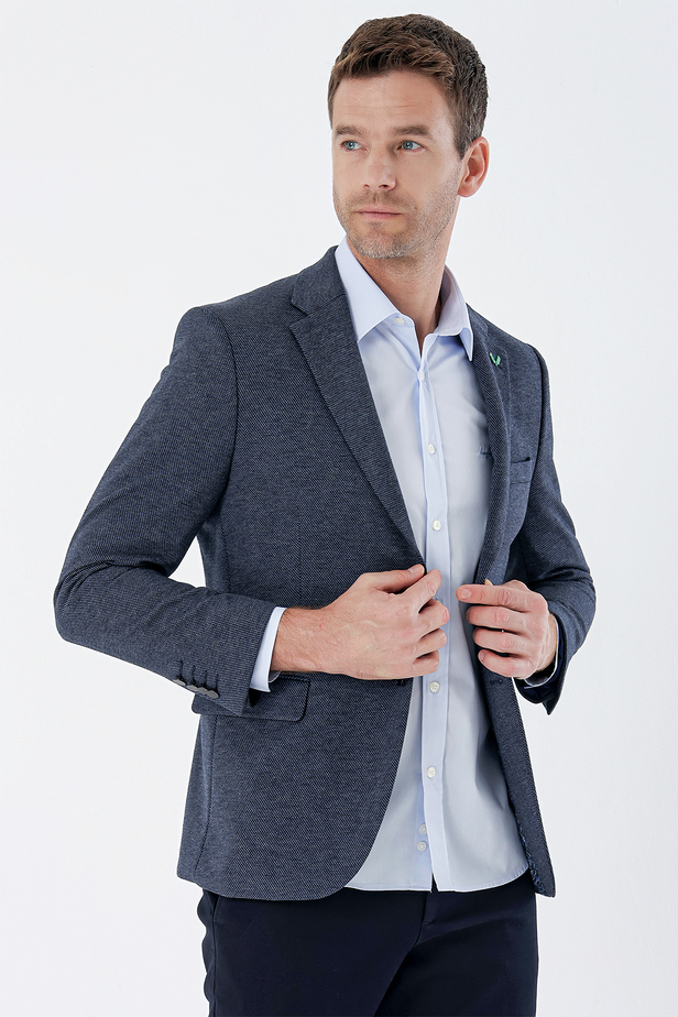 Desenli Örme Mono Yaka Çift Yırtmaç Likralı 6 Drop Slim Fit Klasik Ceket 1002235136 Lacivert