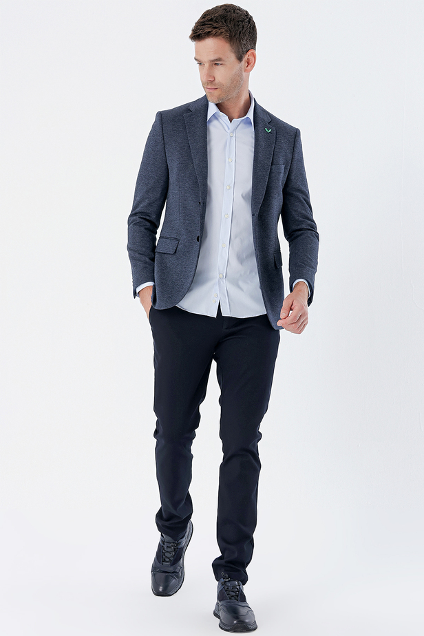 Desenli Örme Mono Yaka Çift Yırtmaç Likralı 6 Drop Slim Fit Klasik Ceket 1002235136 Lacivert