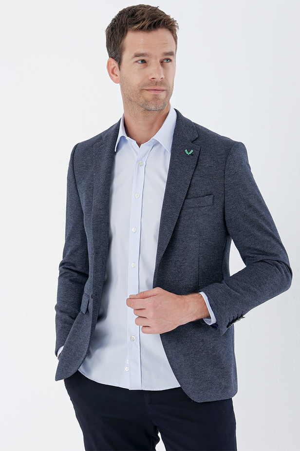 Desenli Örme Mono Yaka Çift Yırtmaç Likralı 6 Drop Slim Fit Klasik Ceket 1002235136 Lacivert