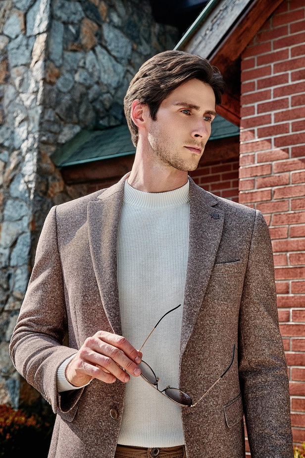 Ekru Uzun Kol Bisiklet Yaka Cepsiz  Slim Fit  Triko 1012255151