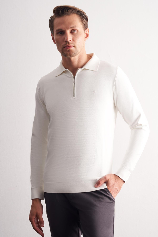Ekru Uzun Kol Fermuarlı Yaka Cepsiz  Slim Fit  Triko 1012255150