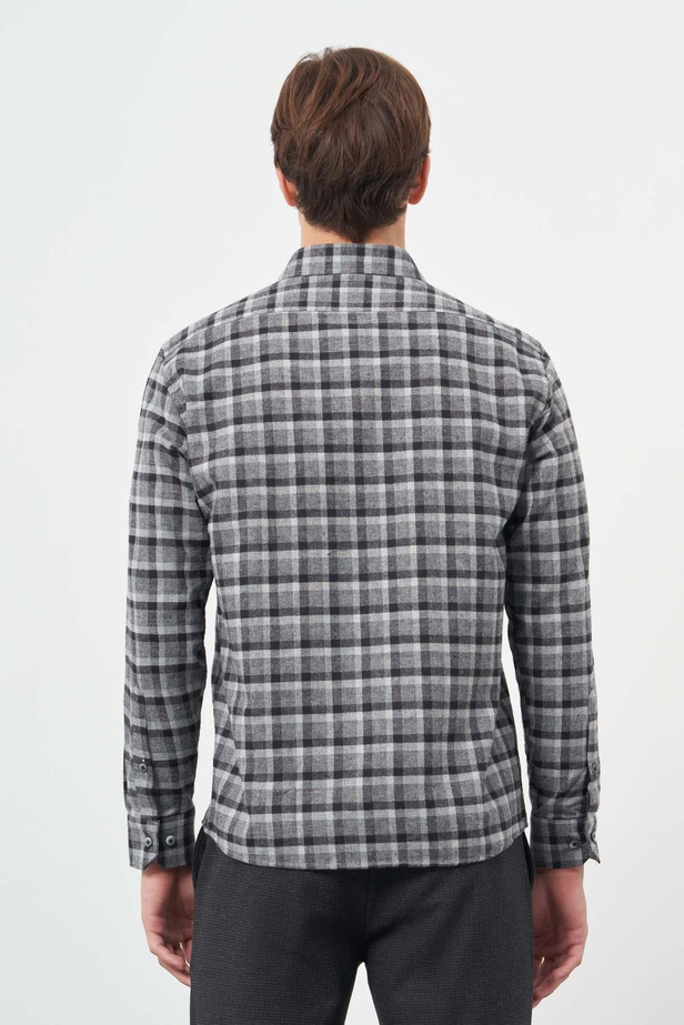 Füme Uzun Kol Ekose Desen Gabardin Sert Yaka Cepli Pamuklu Classic Comfort Fit Gömlek 1004245169