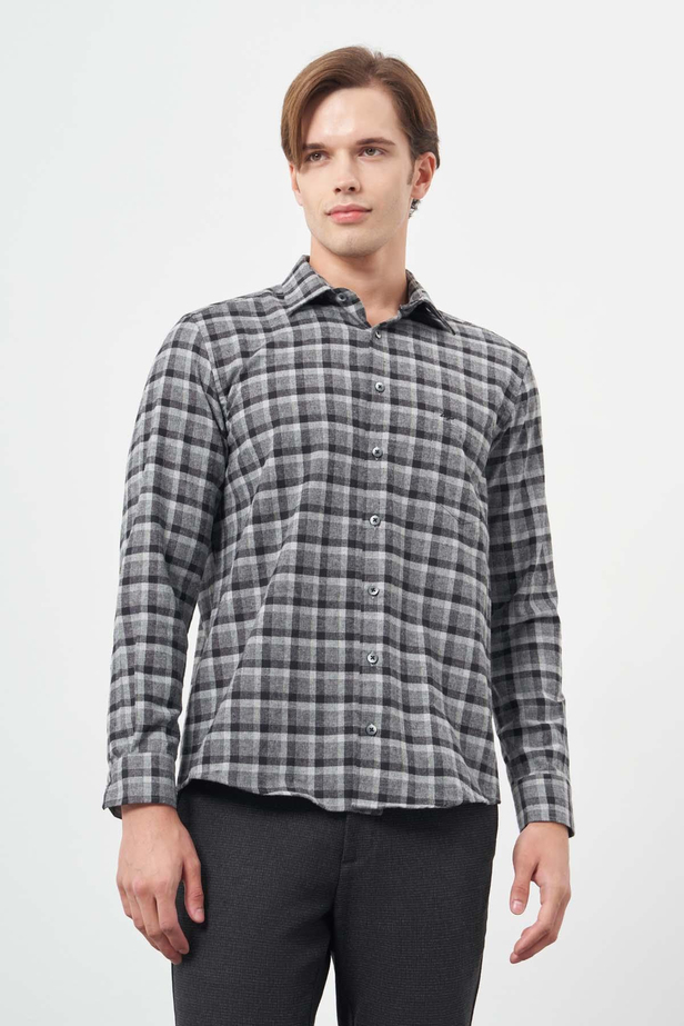 Füme Uzun Kol Ekose Desen Gabardin Sert Yaka Cepli Pamuklu Classic Comfort Fit Gömlek 1004245169