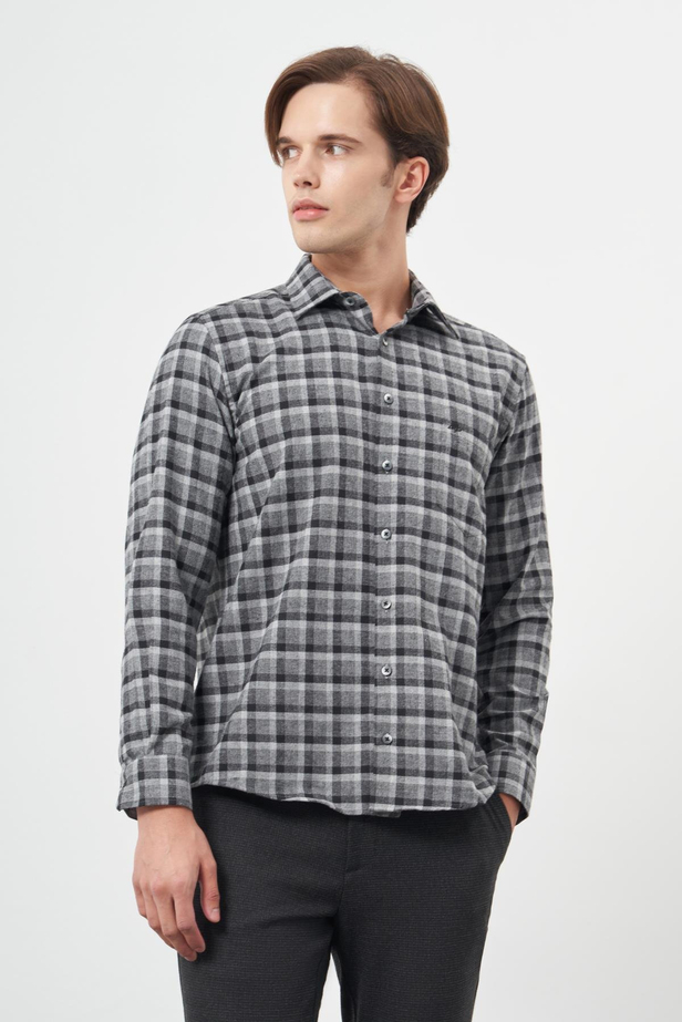 Füme Uzun Kol Ekose Desen Gabardin Sert Yaka Cepli Pamuklu Classic Comfort Fit Gömlek 1004245169