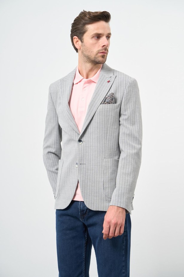 Gri Çizgili Gofreli Kırlangıç Yaka Likralı 6 Drop Slim Fit Dar Kesim Klasik Ceket 1002240111